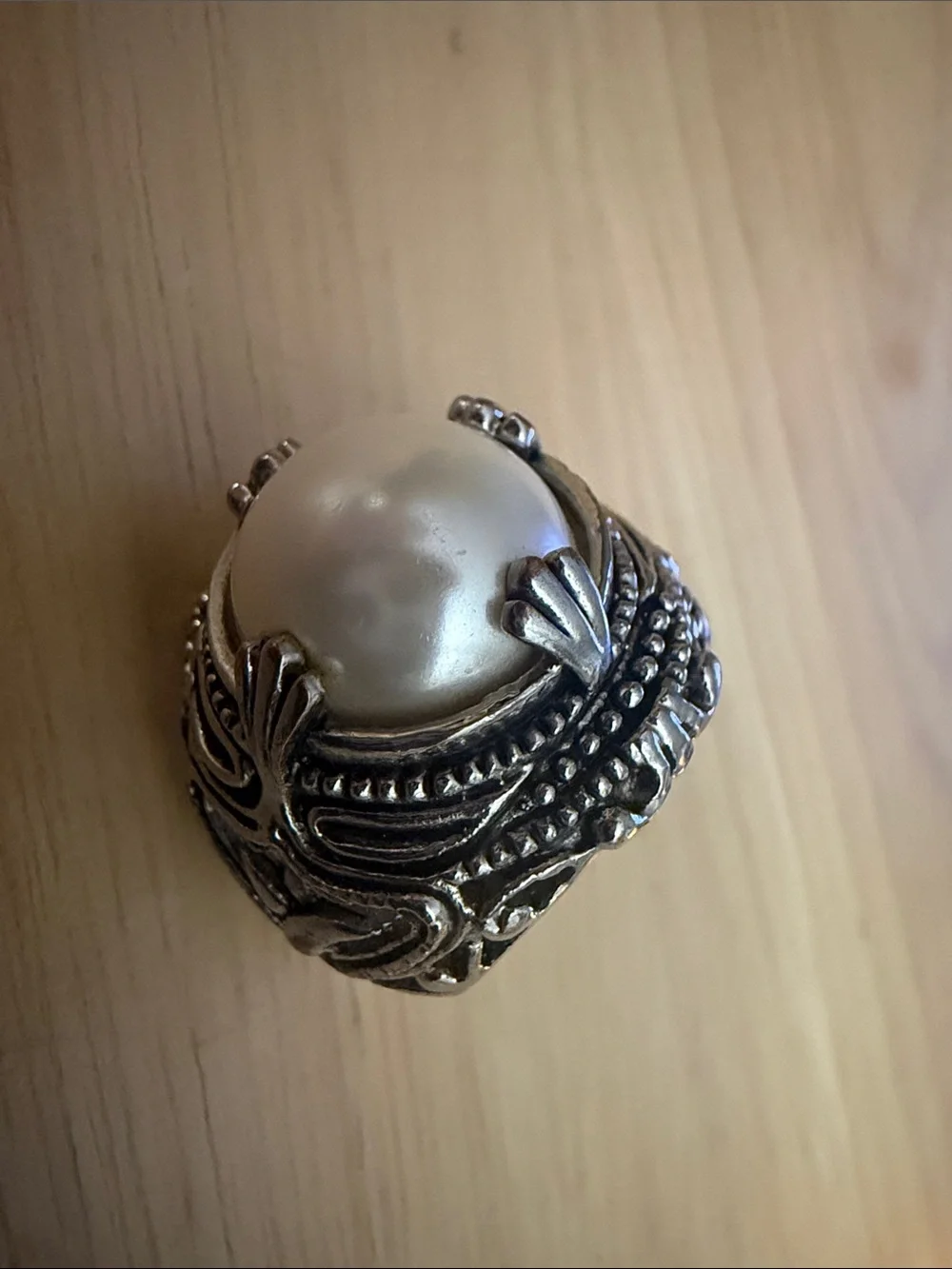 Vintage Premier Designs Silver Ornate Statement Ring Gaux Pearl BOHO